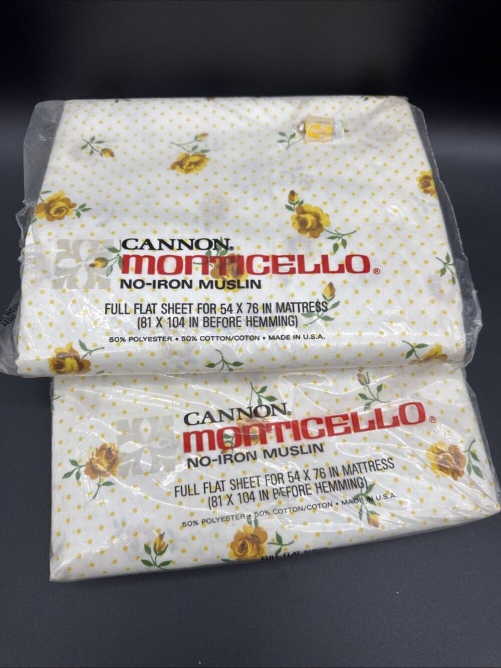 Vintage Cannon Monticello 2 Full Flat Sheets  Floral Yellow Polka Dot RoseUSA